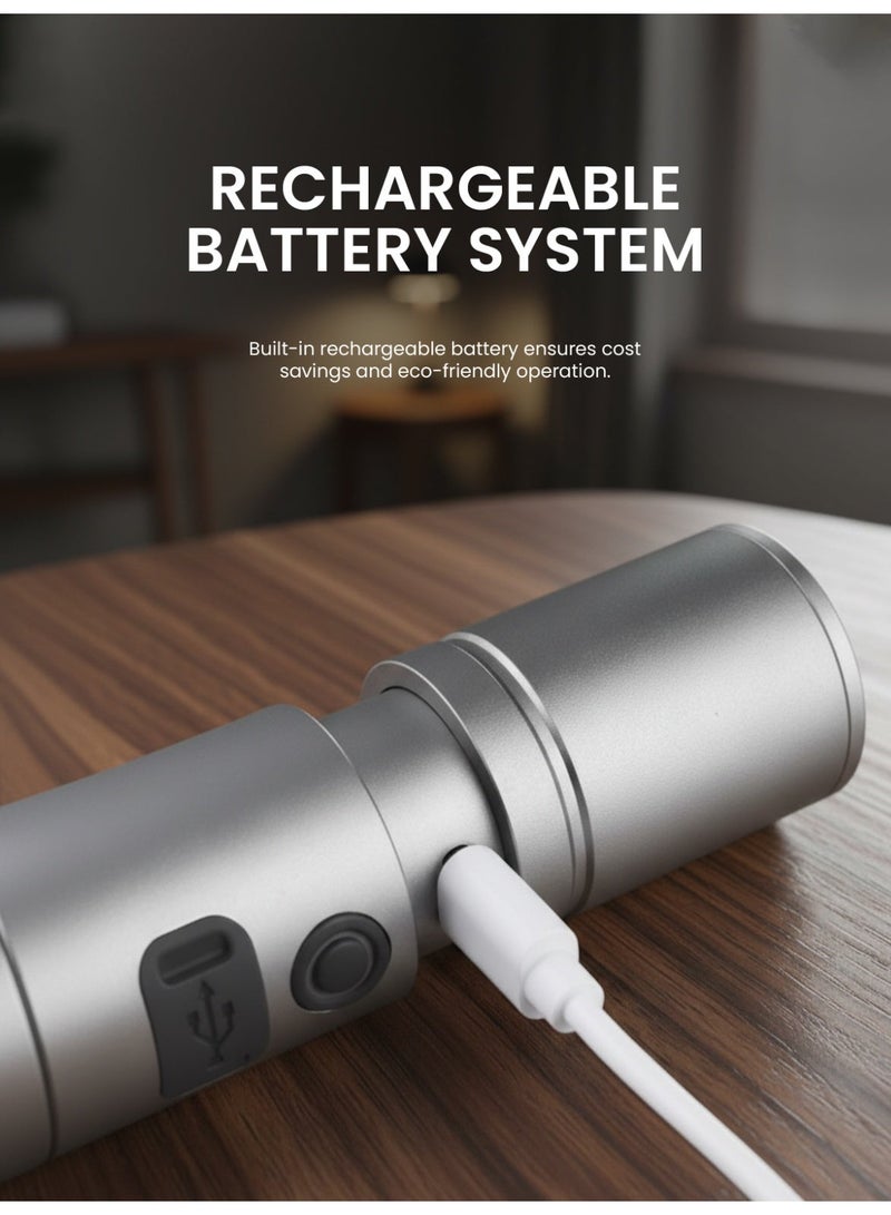 أوجيرا كشاف LED قابل لإعادة الشحن | كشاف تكتيكي فائق السطوع | صغير ومحمول | بطارية 2SC طويلة العمر | مقاوم للماء | كشاف للطوارئ والاستخدام الخارجي | ضمان سنتين | OG1012SL | فضي - Image 3